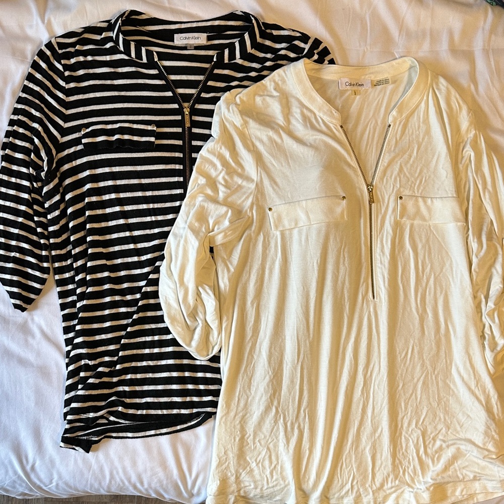 Calvin Klein Black and White Striped Top and Cream Top Set